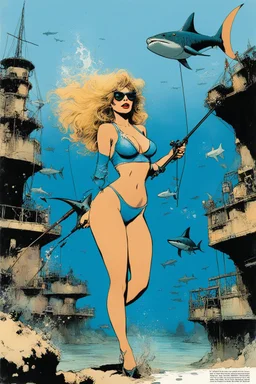 SNIFFIN’ GLUE magazine high res photo cover by Ralph Steadman: special issue #42 on fishing sharks in the sunken city guest star: Barbarella in two pieces swimsuit as an adventurer fishing sharks underwater in a post apocalyptic city