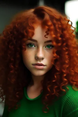 Mixed girl long curly reddish Orenge hair dark green eyes fat cheeks