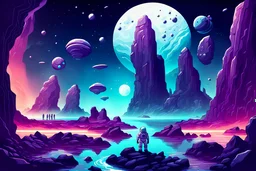 Rocky alien landscape with cliff, river, galaxy, sci-fi, epic with two small astronaut warriors standing navy coloring computer game style