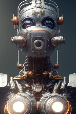 a beautiful full frame portrait digital painting of futuristic gaspunk robot, wide angle view, close-up, macro lens, centered camera, titanium accents, intricate details, small minutiae, tiny features, particulars, colorful, 8k, least ambient occlusion, volumetric lighting, volumetric clouds