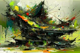 A non-objective structural glitch, arafed zero-composition, impossible intersection of exploding rusty scrap metal and dripping oil paint. Arafed tectonic geometry with uncanny negative space, Fish storm vibe. Ultrafade random bleak colors: watery pale light green, black, yellow, red. perspective broken, photographic texture but zero logical form. Fragmented, unnerving, anti-symmetry