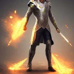  male full body super hero, with grey & yellow suit,sord in right hand with fire effect