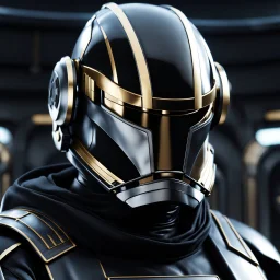 star wars bald male corellian pilot wearing pearlescent black and gunmetal grey First Order special forces heavy assault armor and helmet with gold trim inside the jedi temple, centered portrait, hyperdetailed, dynamic lighting, hyperdetailed background, 8k resolution, volumetric lighting, light skin, fully symmetric details