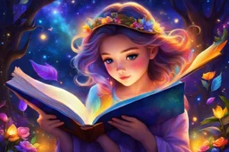 Masterpiece, best quality, adorable digital painting style, beautiful fantasy art, colorful. In a magical world of colorful delight, a beautiful girl finds solace in the night within the pages of the book she holds dear, studying and thinking, banishing all fear, and with each word she reads, magic comes alive in the realms of reading, her dreams thrive, offering a wondrous escape to a world so bright, and in her hands, the book holds endless flight.