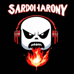 A minimalist logo for a rock band. The text "SARDONIC HARMONY" is written in a futuristic, robotic font. Below the text, there is a sinister, evil marshmallow head with headphones. The marshmallow head is breathing red flames. The background is dark. The logo has a horror theme. It is inspired by the styles of Ed "Big Daddy" Roth