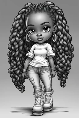 Create a black and white coloring page of a cartoon of a curvy African American chibi female wearing tight jeans and a off the shoulder blouse. She is also wearing timberland boots.. Highly detailed very long extremely braids of hair. Her skin is smooth and silky. Background of a track of ATV riders. No coloring, no shading, no grayscale,