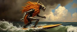 master oil painting by Rembrandt, viggo sandvik as insane wild ginger robot on surfboard