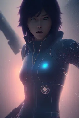 Beautiful Motoko Kusanagi, raining, nostalgic, cold, dark blue, gloomy, heavy fog, 8k photorealistic, cinematic lighting, high details, dramatic, atmosphereric