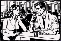 black and white photo, an crisis of a couple in a bar. The scene is set in a dimly lit bar with a melancholic atmosphere, evoking a film noir style. The bar is filled with smoke and shadows, and with couples talking and drinking. At the bar counter, a man and a woman sit beside each other. The man is hold a glass beer and looking another young woman in bar, while the woman sadding face looking the counter. dramatic shadows, woman sadding face looking the counter. sadness, paint, loneliness