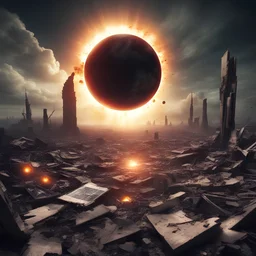 the remains of a destroyed world with a solar eclips happening
