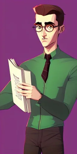 Fit man in round glasses with bookshelf in background, stubble,no beard, reading book, slim, tie, monotone, green eyes, comic book style, two tone colours, detailed, ink, realistic, handsome, square jaw, big brows, no jacket, bird on the shoulder, spotlight