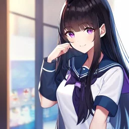 Clear focus,High resolution,High quality, Wearing a sailor uniform, Black long straight hair, Purple sparkling eyes, Hand on mouth, Smiling