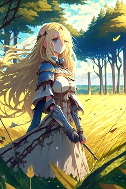 Anime, blonde girl in medieval clothing in large field in the middle of the forest, HD, extreme detail