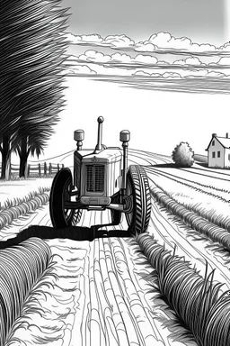 Outline art, no shading, tractor on the road, cartoon style, black and white, low detail, --ar 9:11