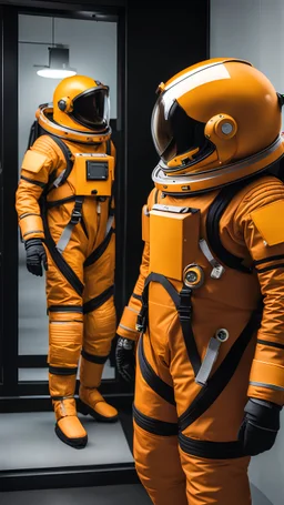 Photo realistic side view shot from European space agency an astronaut girl amazed by landscape of Mars wearing sufficient mostly glass yellow, orange uniform of year 2100 improved, no apparatus on chest, unique amazing mask color #edb00e, mask vision 80%, sleek mask is big size 80% made of glass color #edb00e, yellow smooth mask orange color gradients, enhanced exposure lights, surprised with landscape emotional delicate athletic body, futuristic appealing intricate