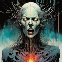 a surreal full body portrait of the inner workings of her disturbed mind as a nightmarish charnel house of screaming pain , in the comic book style of , Bill Sienkiewicz, , Alex Pardee , and Jean Giraud Moebius, muted natural color, sharp focus, ethereal , dark and foreboding