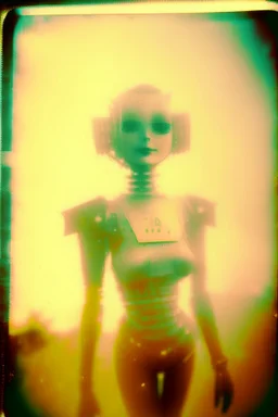 steampunk, vintage analog polaroid of a woman robot, female body, fog, lomography, heavy film grain, sun, color bleed, depth of field, bokeh, retro