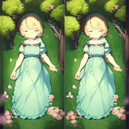 tiny anime girl sleeping in the distance, laying down in a field of flowers, underneath a willow tree, with a butterfly on her nose, hand detail looks human.zoom out