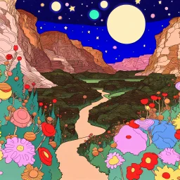 Peaceful, Egon Schiele, Max Ernst, night sky filled with galaxies, planets and stars, rock formations, trees, flowers, one-line drawing, sharp focus, 8k, deep 3d field, intricate, ornate, one million strokes, colored