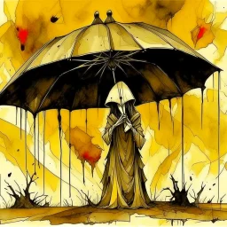 Reaper reveries under an umbrella, separated illustration spanning several offset oblong panels, 2D, Exponential decay paradigm shift, surreal, by Dave McKean. Ink wash mind-bending illustration; eerie colors, dark shines, atmosphere guided by N(t)=N0​⋅e−kt