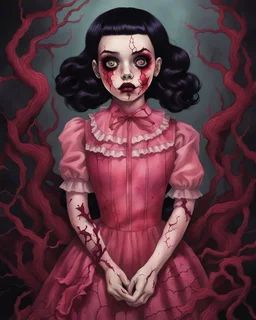 full color, illustration of a darkred and pink tones, menacing, Singer Melanie Martinez face, as a decayed, broken, skin turned translucent, black veins that extended like roots beneath her skin, latex suit, crude homemade cloth doll toy, with a narrow cracked porcelain face, thick dark eyebrows, hair in two gradually, made from ragged strips of cloth, in the style of Alex Pardee, Tim Burton, and Nadya Sheremet