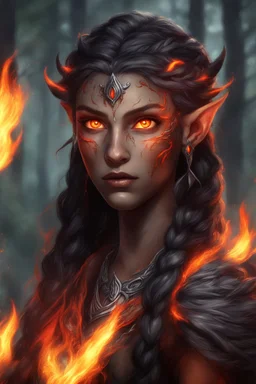 Fire Eladrin druid female. Hair is long and bright black part glows. Part of hair is braided and fire comes out from it. Big bright red eyes. Is generating fire with her hands . Skin color is dark. Has a big deep scar on face. Is making fire from hands