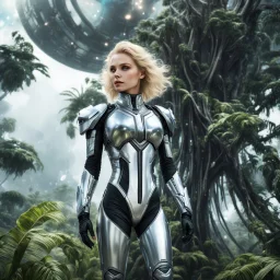 Photo of a slim sci-fi woman with blond hair, wearing a silver and black futuristic android-looking spacesuit, standing on an alien cloud tree jungle planet