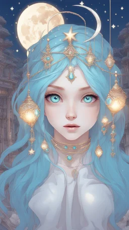 A beautiful girl with glowing starry eyes. And with turquoise hair decorated. And full body. Holds 10 glowing glass beads with a moon inside .girl void. full body Glowing golden eyes and white hair. Standing on a land of water embellished with sapphires and ornate trees. And beautiful buildings. And a sky full of star