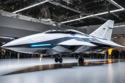 A photo from a distance shows the overall shape of a futuristic and sophisticated fighter plane with a design like a futuristic spaceship in a technology exhibition space event.