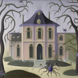 A light purple mansion with spiders painted by Henri Rousseau
