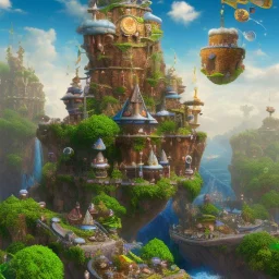 New Land by super mario 3d land with waterfalls, 3d, high detail, symbols, 4k, ray traing, render, future punk, steam punk, magic in blue colors, no other place