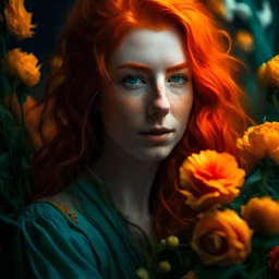 a red-haired girl and orange carnations, flowing hair, a light smile on her lips and lots of colors, rich green eyes, intricate fantasy, beautiful, colorful, clear quality, magical, attractive, beautiful, poster, 8k, cinematic post-processing