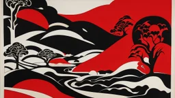 An abstract and ultra minimalist design poster by Matisse and Kuniyoshi of a red, black and white desert landscape.