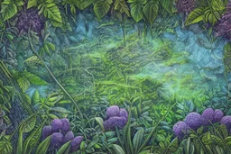 Rainforest, top view, flora and fauna in the light from a full moon, rocks, water, amazing night sky, glowing flowers, vines, large stars, island, ruin, fog, dawn, reflection, Jacek Yerka, Dominic Davison in sunshine smooth intricate high definition pencil sketch watercolor polished