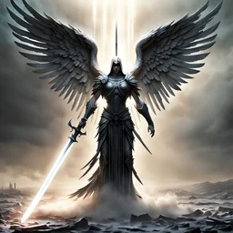 Totalitarian brutalist angel wielding sword descends from aura of light in war torn wasteland