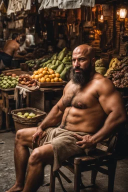 half figure photography of a burly beefy muscular strong 39-year-old arab in Istanbul bazaar, ajar mouth, shirtless, short beard, bald, selling fruits sitting on an old chair, biig shoulders, bulge, manly chest, very hairy, side light, view from the ground