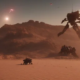 Armored Core machine robot fights another Armored Core fly in the sky in the desert with the ocean where you can see the space in the sky with the twilight on the horizon, 4k resolution