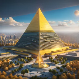 city in 2100, a large yellow iridescent pyramid building dominating the city :: 8K, 3D, Octane Render, VRay, Unreal Engine 5, Hyperdetailed, intricate, HDR, extremely realistic evolution of future architecture, photorealism, colourful, blue sky over a clean environment, award winning, crisp quality, masterpiece, fantastic view, digital art, airbrush art, ink drawing, sharp focus, high contrast, depth of field