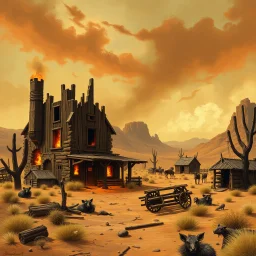 old burnt down wild west farm in the desert fantasy art