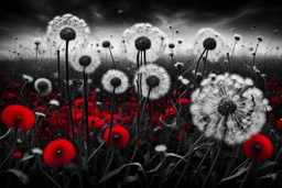 photo from Sunrise with Dandelions, ,amazing depth, high textures, surreal, weird, white-black colors, lying body betwen dandelions, , , red blood, splash art, intricately detailed, sharp focus, stunning, weird dark mood