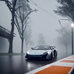 a Mclaren 675LT under a street light in the rain in very dark and foggy conditions