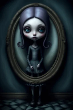 MJ P: 3D-rendered painting portrait freak in the style of Tim Burton and art style dark-fantasy Nicoletta Ceccoli style the image features a character from a dark fantasy, otherworldly charm with exaggerated features