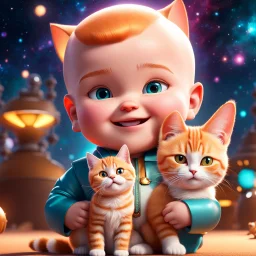 (masterpiece, best quality, 8k, RAW photo, beautiful and aesthetic:1.2), complex detail, Indirect light, photorealistic, (((full body))), Cosmic Boss Baby style smiling, bald, with a ginger cat companion, colorfull Sci-Fi environment