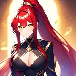 girl, masterpiece, best quality, volumetric lighting, detailed outfit, perfect eyes, red hair, golden eyes, long hair, ponytail,