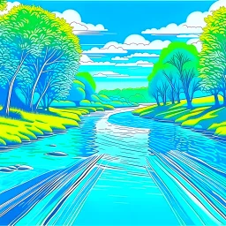 Imágen de arte lineal de un río con arboles, clima de verano, sombrero, calidad ultra, hiperdetallado, 8k, 3d, colores complementarios