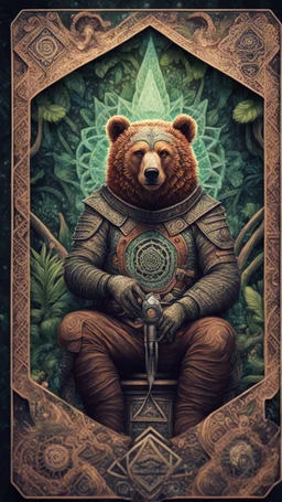 mandala style framed playing card illustration, close up portrait of an ace happy blessed ancient magical scaly slimy weird growlar bear mad max soldier posing for photo shoot on a throne, holding a burning sceptre, in a space alien mega structure with stairs and bridges woven into a sacred geometry knitted tapestry in the middle of lush magic jungle, bokeh like f/0.8, tilt-shift lens 8k, high detail, smooth render, down-light, unreal engine, prize winning