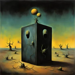 Divorced from reality metaphysical unholy roller, Joan Miro and Sidney Nolan and Zdzislaw Beksinski deliver a dark surreal masterpiece, light creepy colors, sinister, creepy, sharp focus, dark shines, asymmetric, box in a box in a box effect, biohazard symbol overlay