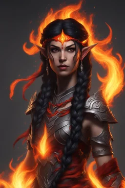 Visualize a fierce eladrin druid with blazing jet-black hair, each strand seemingly on fire, conjuring flames with her hands. Her eyes, a bright red that shines with a fiery intensity, add to the dramatic display of elemental power. The flames dance within the intricate half-braided, cascading hair, creating an entrancing spectacle. Clad in minimalistic armor, she channels magic and fire, a notable scar on her face revealing battles fought.