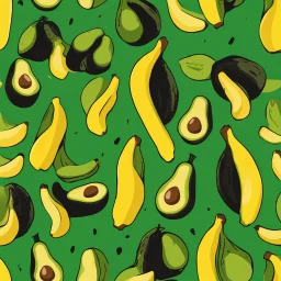 Weird splash art, minimalism, banana that wearing an avocado like a skin suit, yellow-Kelly_green dual color, black background.