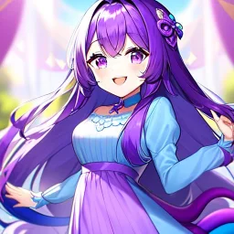 Clear focus, 8k, high quality, detailed, beautiful lighting, vibrant colors, purple long hair, vibrant purple eyes, girl, laughing, princess, twins tail,